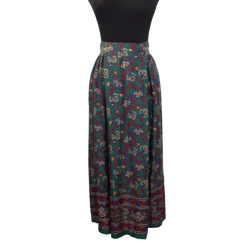 Vintage 90s Maxi Skirt Green Paisley Border Print Romantic Cottage Pleated Twirl